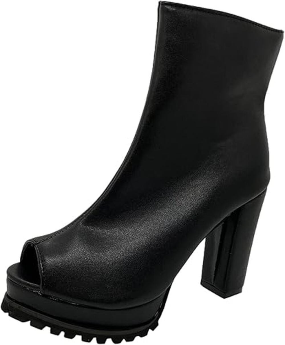 Chunky High Heel Booties Zipper Platform Open Toe Ankle Boots Black Size 6.5US
